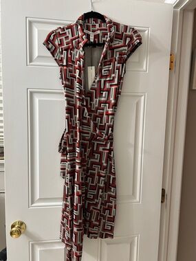 Diane Von Furstenberg Geometric Wrap Midi Dress in Red, Black & Gray